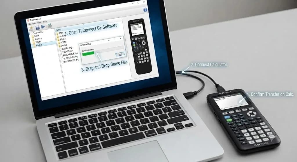 Connecting the TI-84 Plus CE calculator to a computer for game installation.