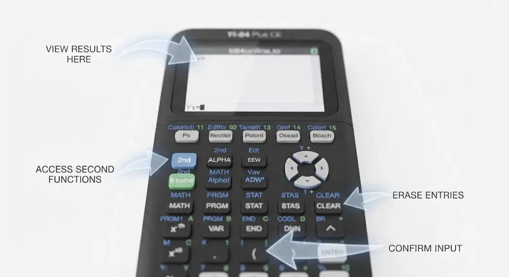 TI-84 Plus CE screen and keypad guide with arrows pointing to key functions.