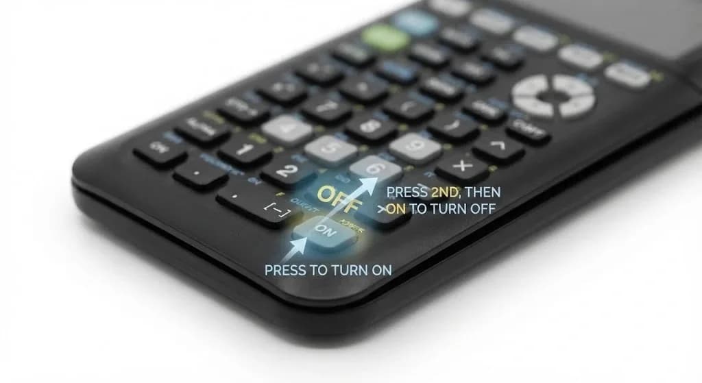 How to Turn the TI-84 Plus CE On and Off TI-84 Plus CE power buttons with instructions to turn on and off.